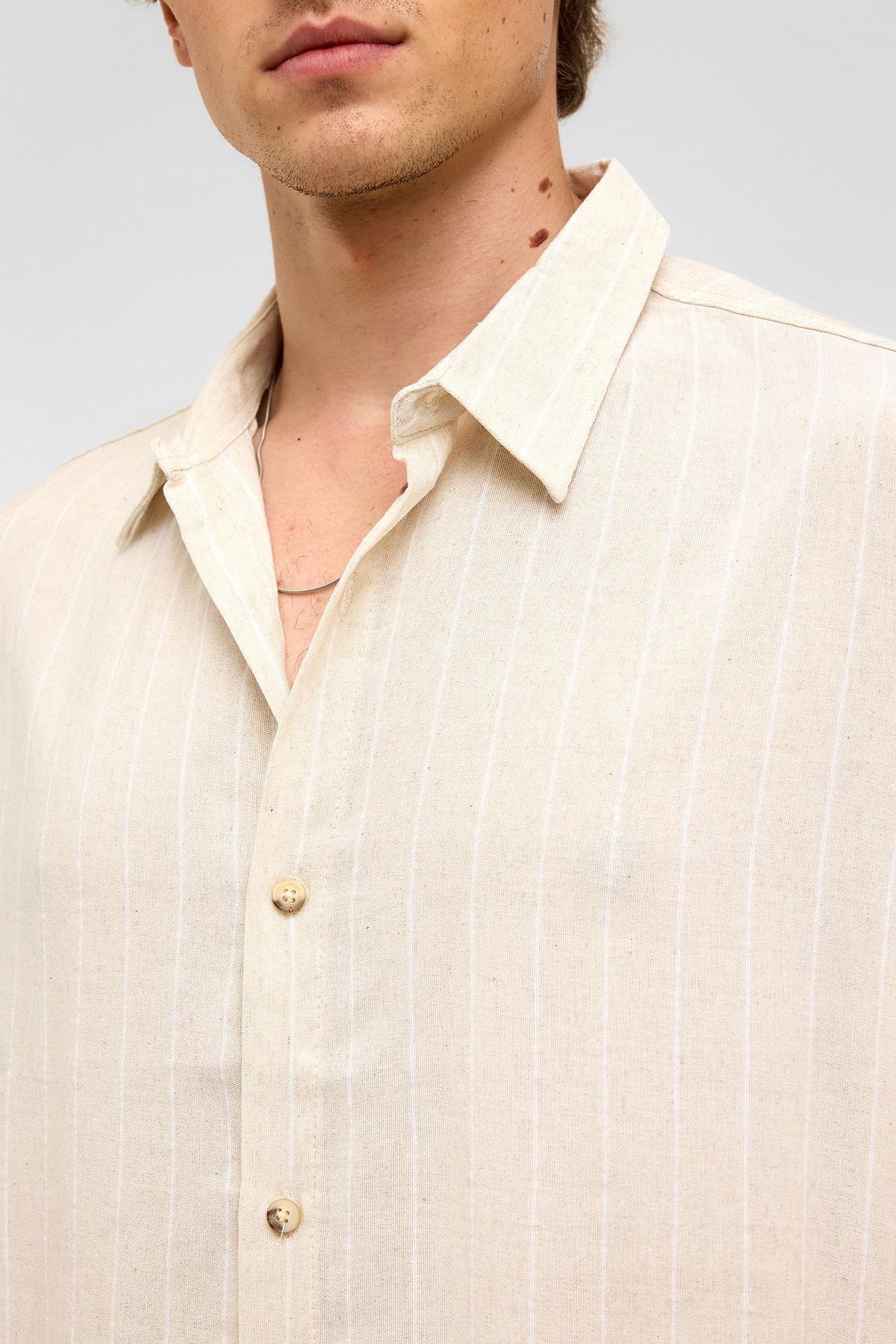 Oversize Çizgili Kısa Kollu Keten Gömlek Beyaz