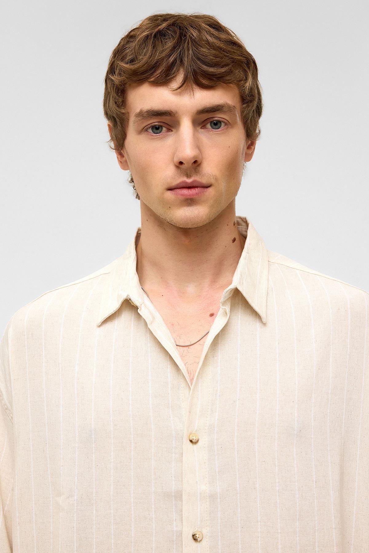 Oversize Çizgili Kısa Kollu Keten Gömlek Beyaz