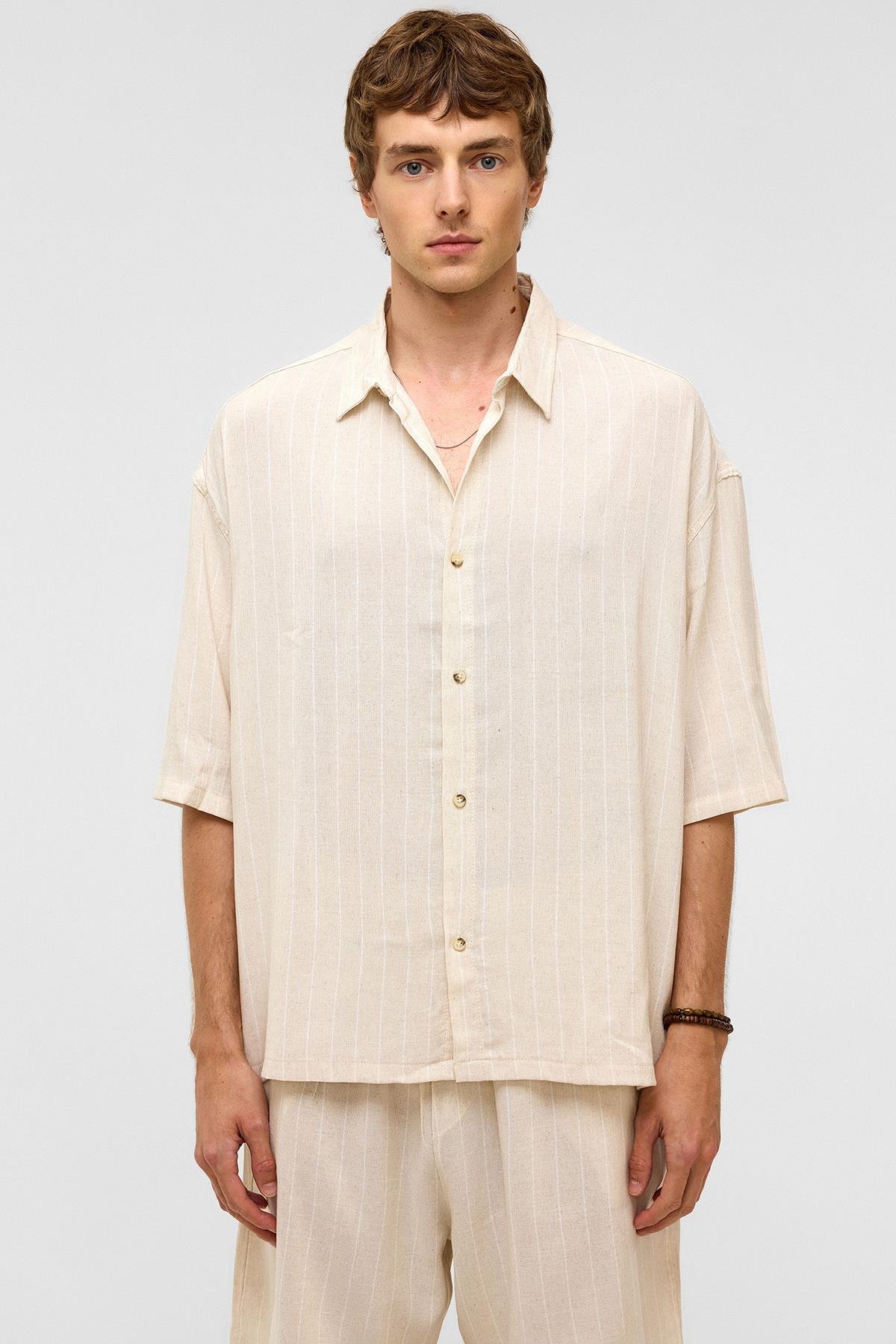 Oversize Çizgili Kısa Kollu Keten Gömlek Beyaz