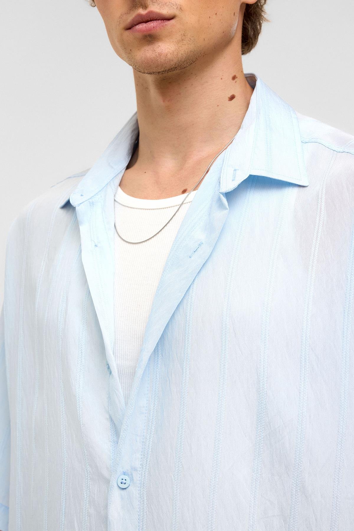 Oversize Çizgili Kısa Kollu Modal Kumaş Gömlek Bebe Mavi