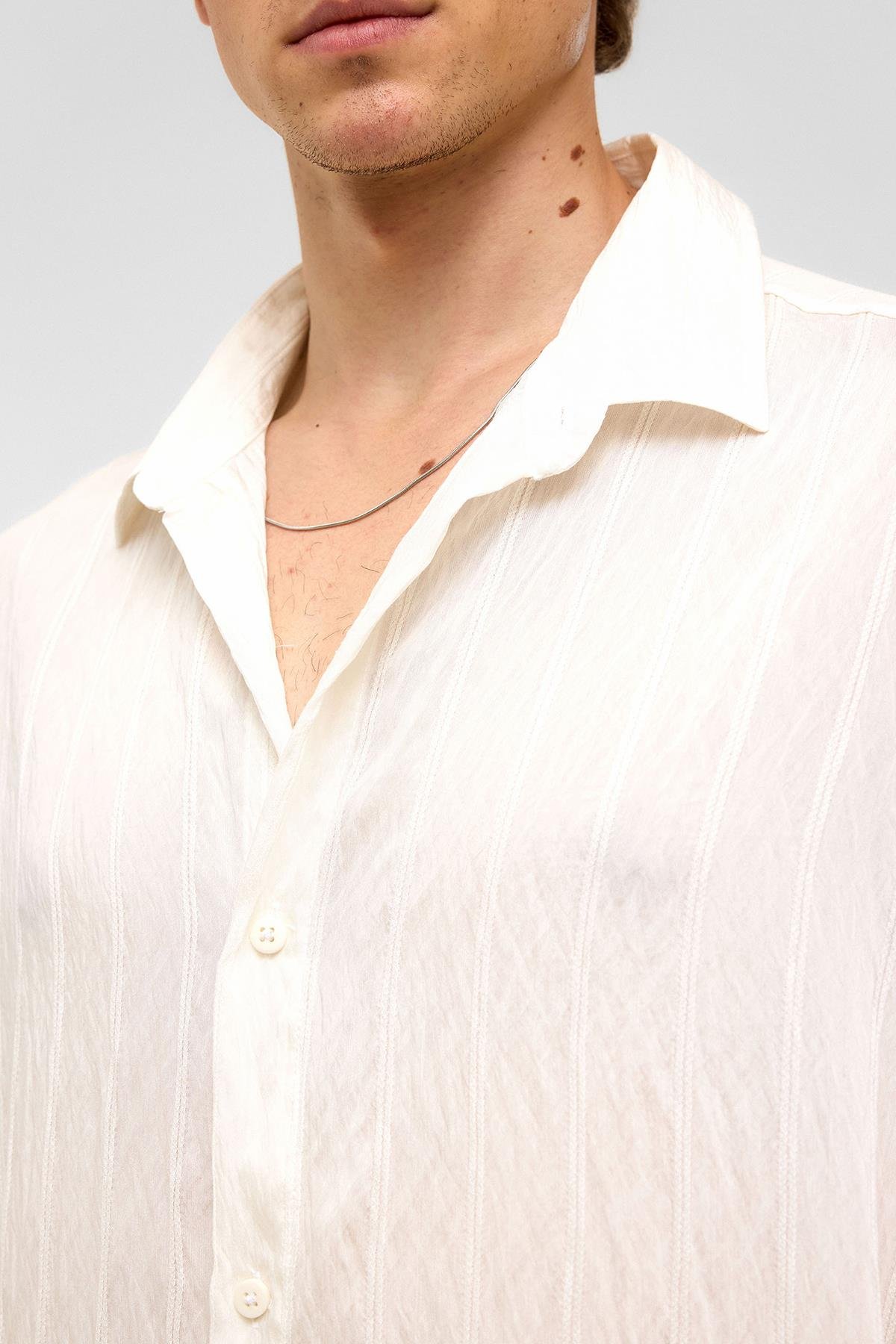 Oversize Çizgili Kısa Kollu Modal Kumaş Gömlek Beyaz