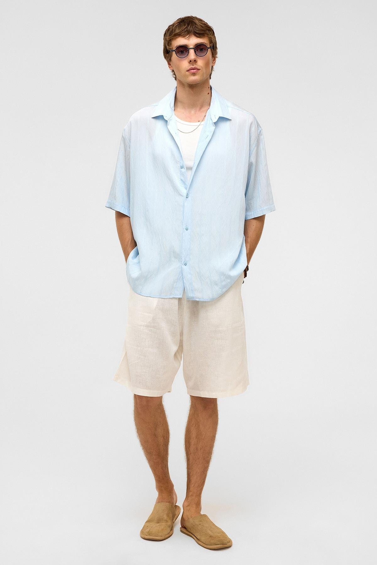 Oversize Çizgili Kısa Kollu Modal Kumaş Gömlek Bebe Mavi