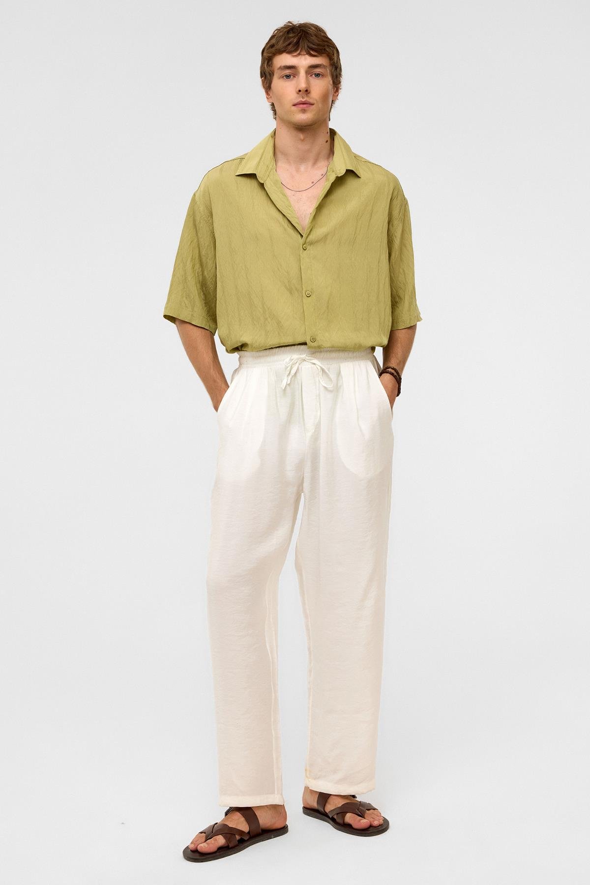 Oversize Çizgili Kısa Kollu Modal Kumaş Gömlek Yeşil