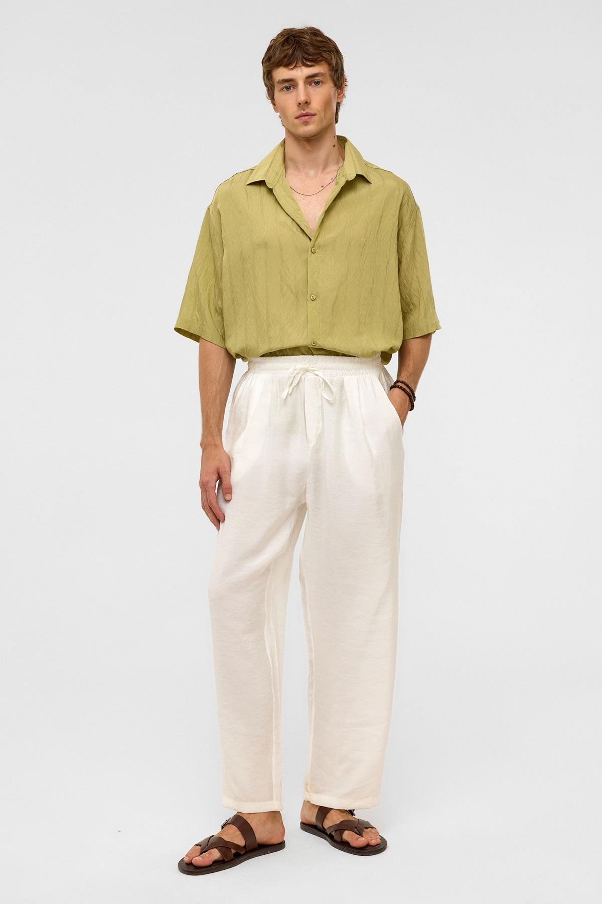 Oversize Çizgili Kısa Kollu Modal Kumaş Gömlek Yeşil