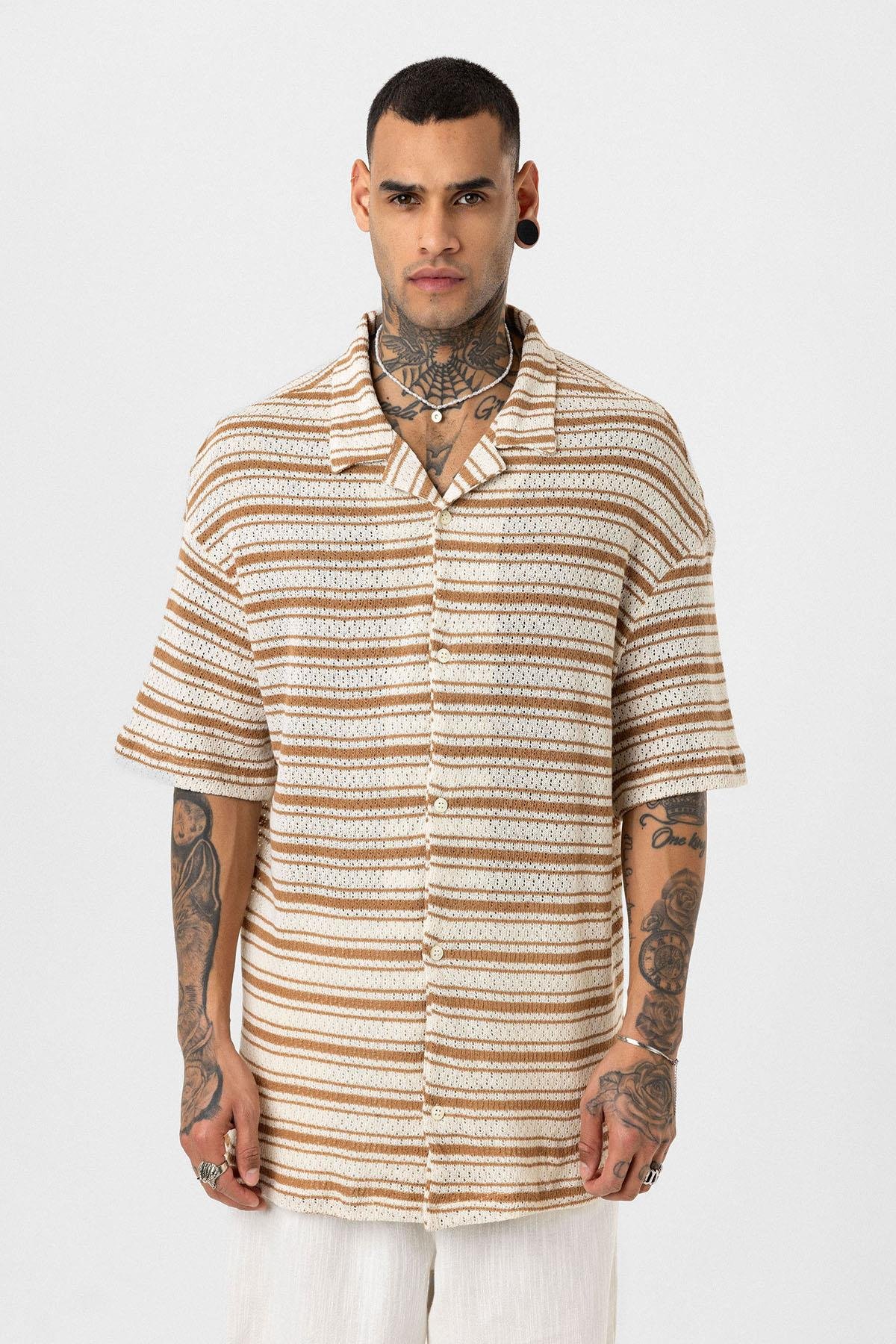 Oversize Çizgili Triko Tişört Camel