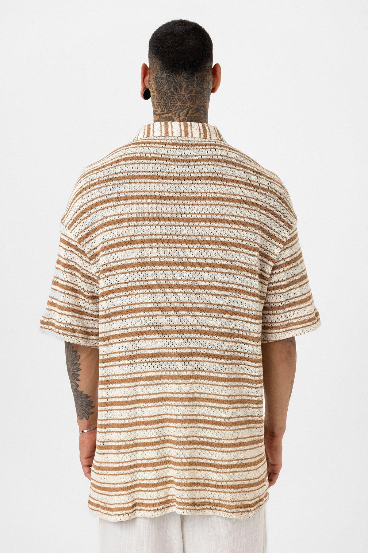 Oversize Çizgili Triko Tişört Camel