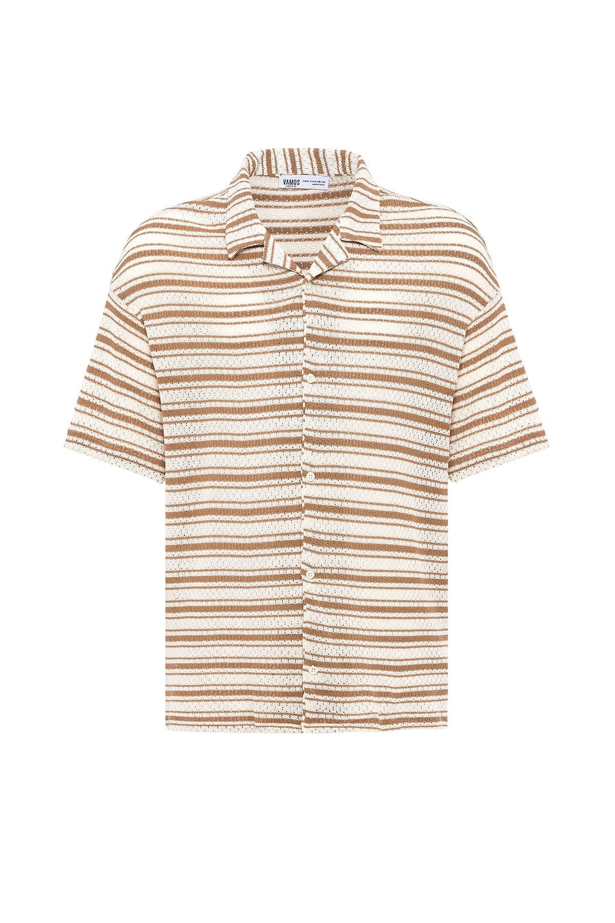 Oversize Çizgili Triko Tişört Camel