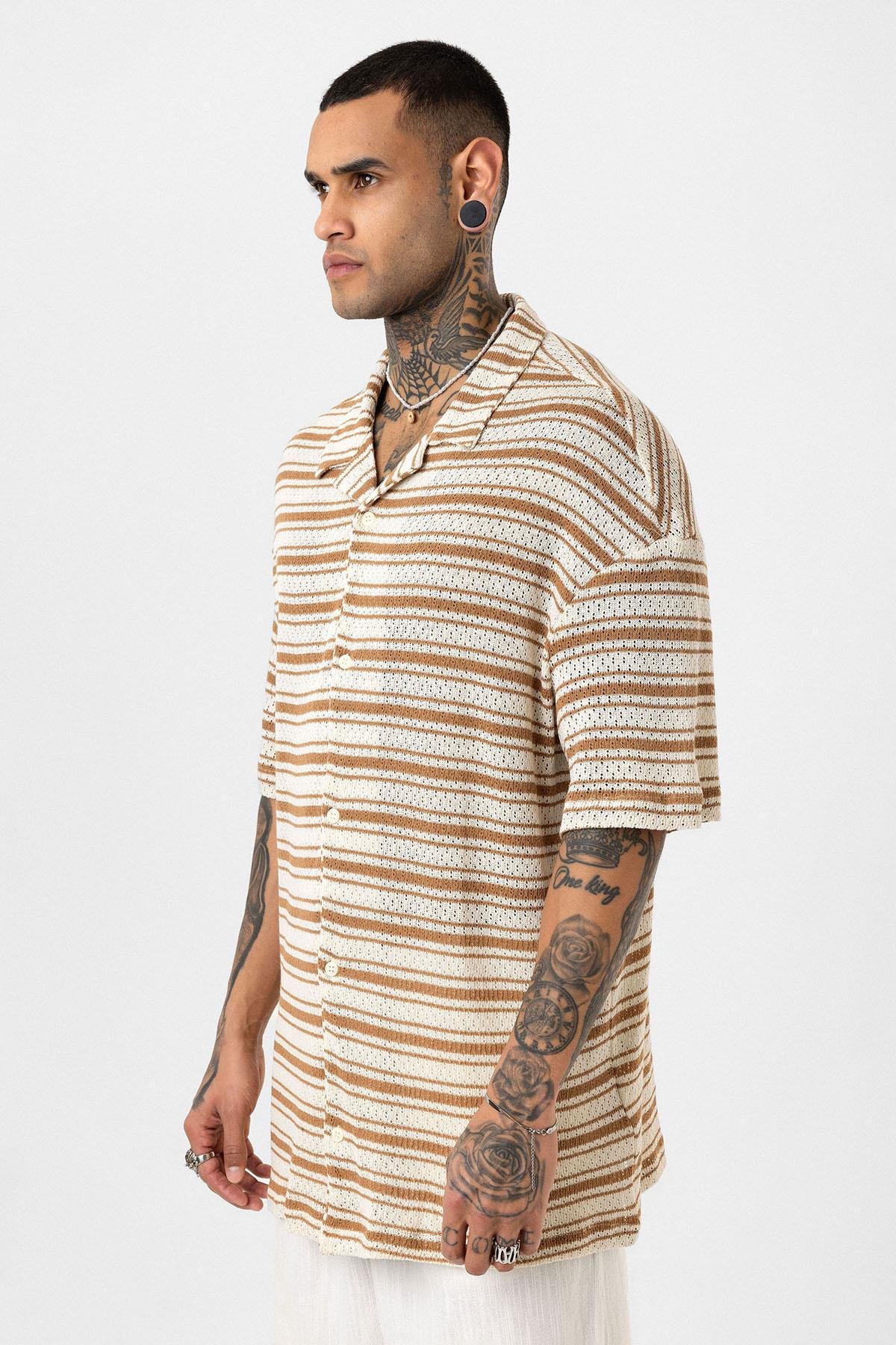 Oversize Çizgili Triko Tişört Camel