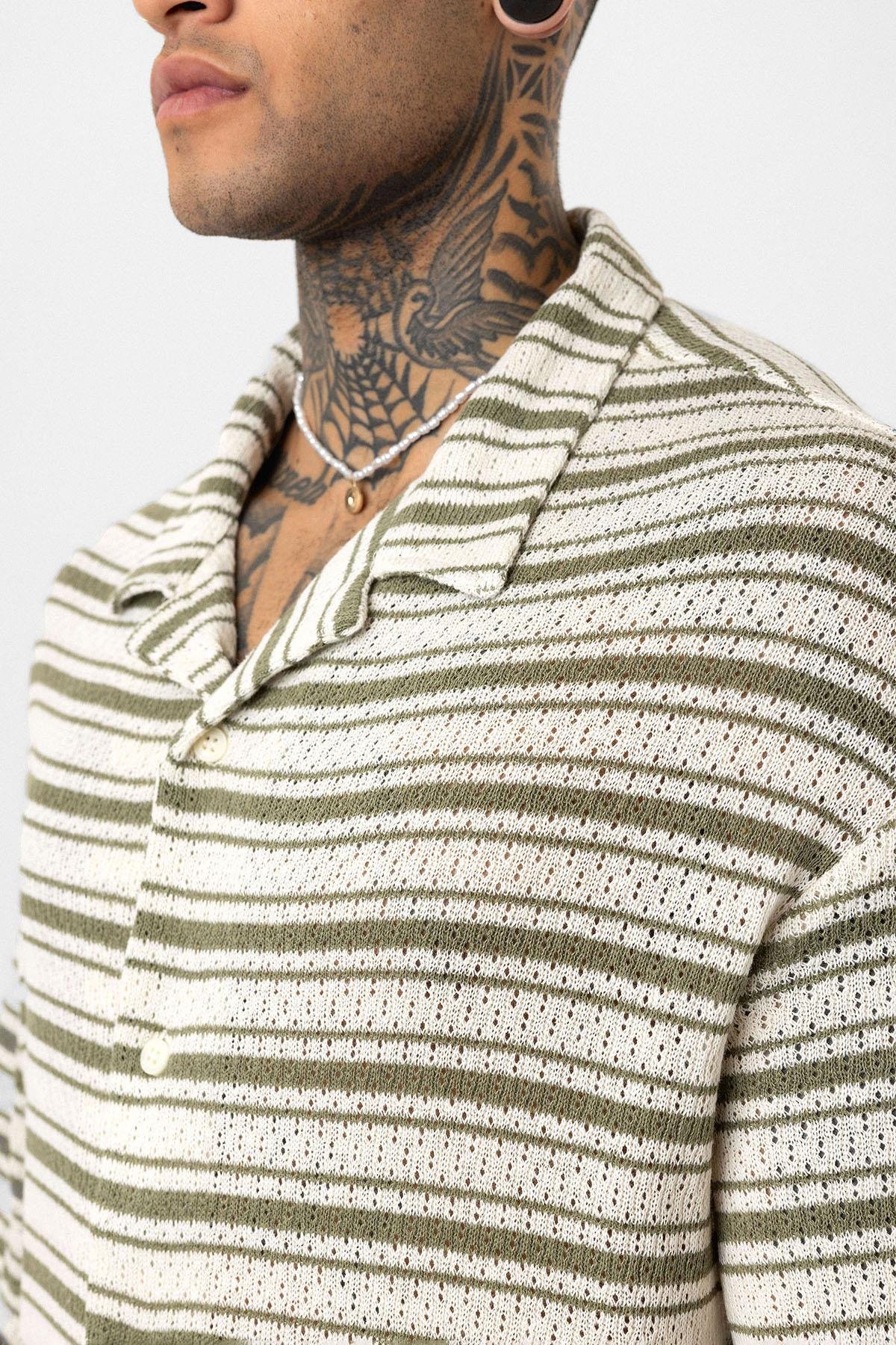 Oversize Çizgili Triko Tişört Haki