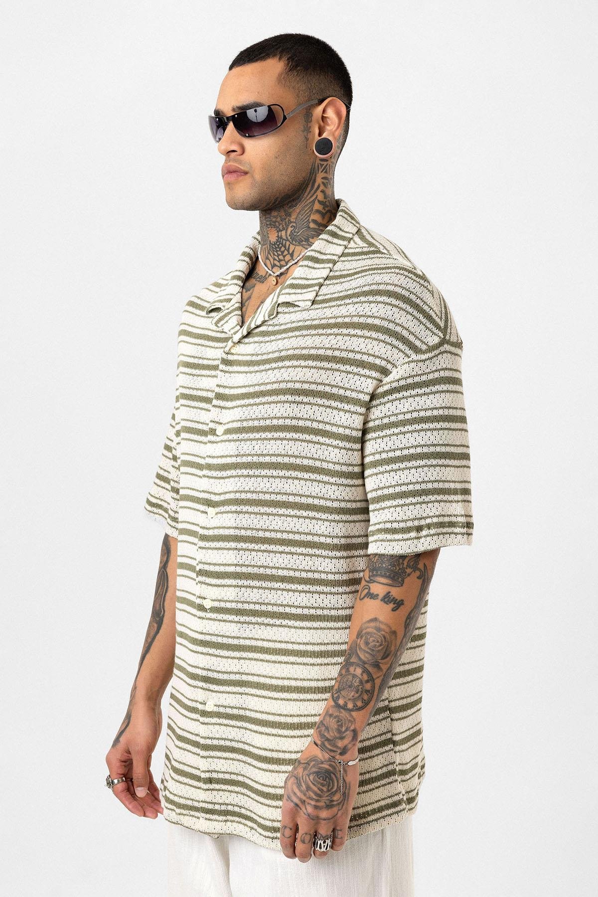 Oversize Çizgili Triko Tişört Haki