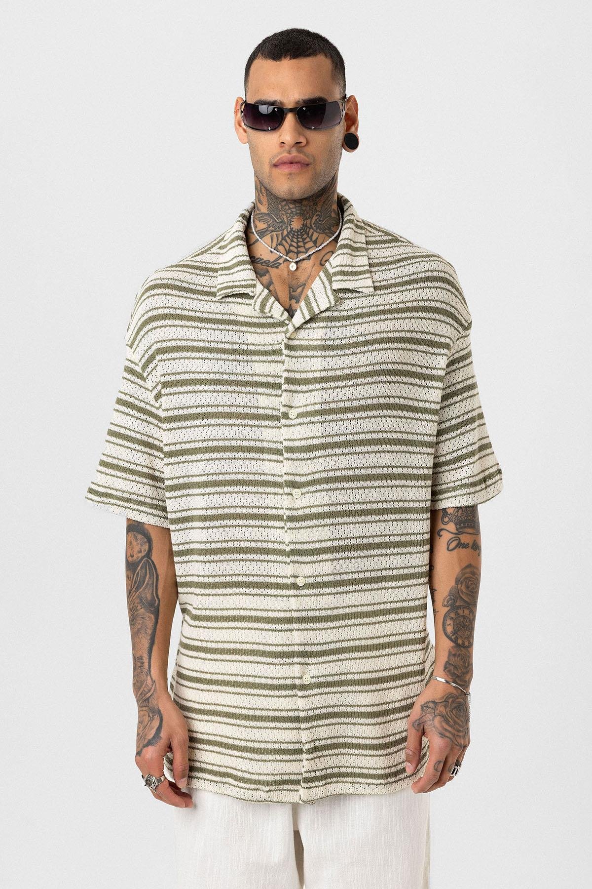 Oversize Çizgili Triko Tişört Haki