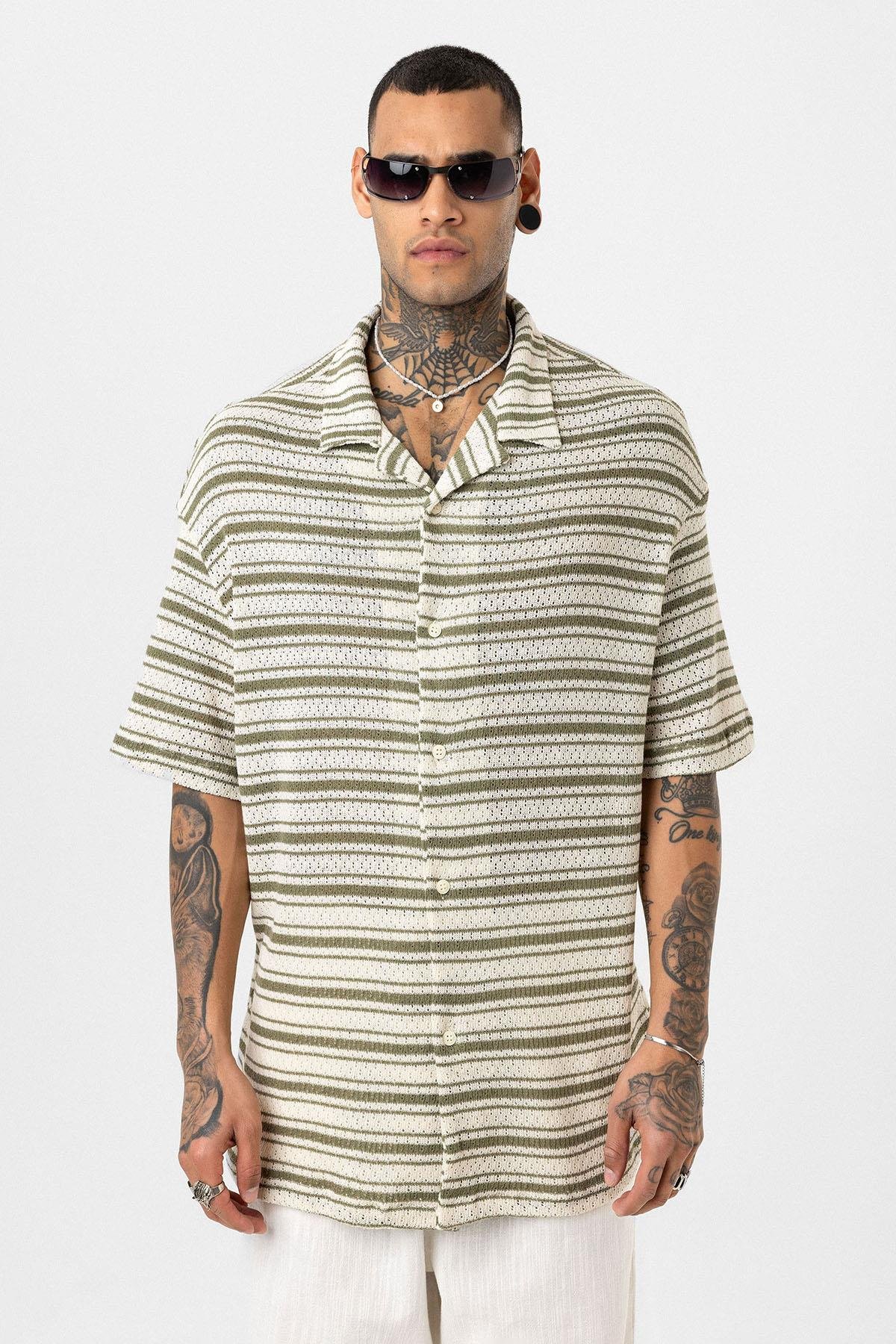 Oversize Çizgili Triko Tişört Haki