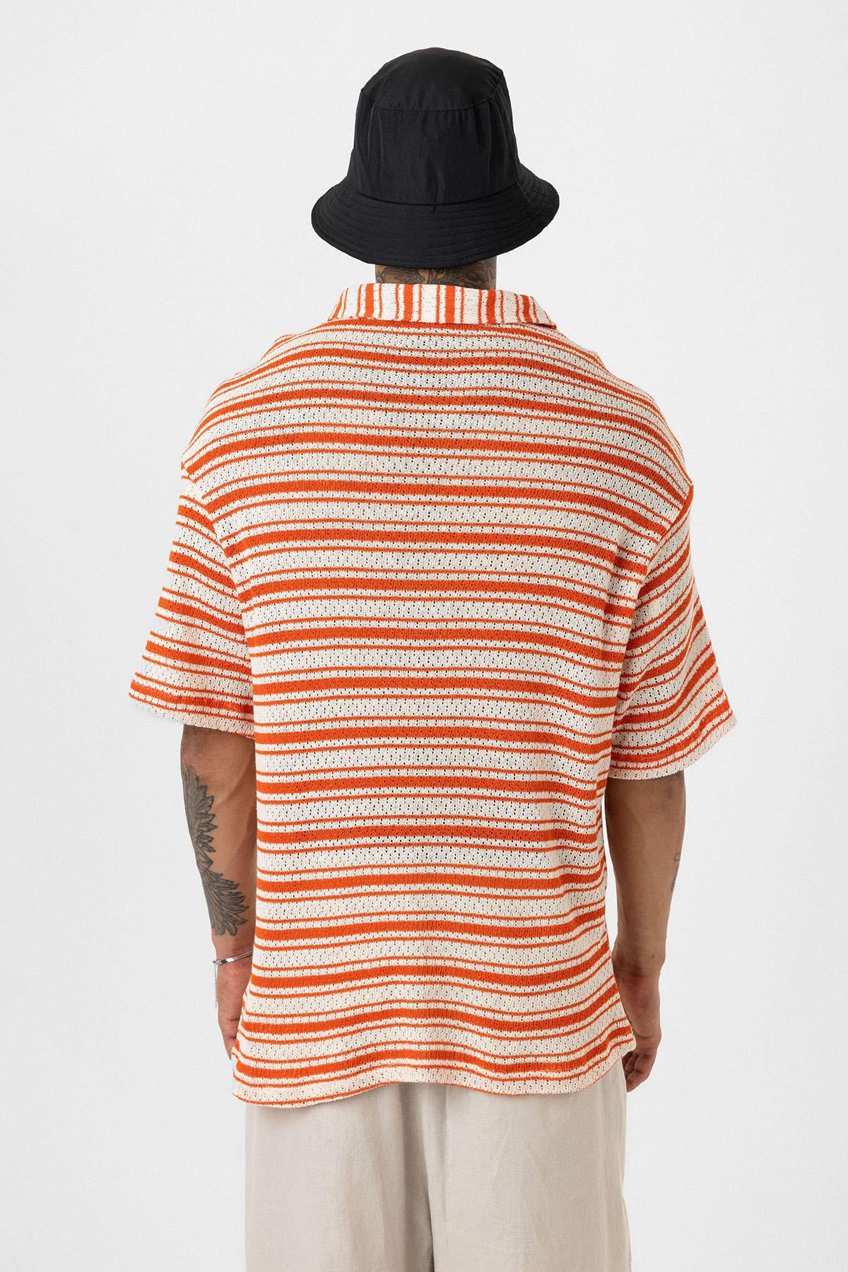 Oversize Çizgili Triko Tişört Oranj
