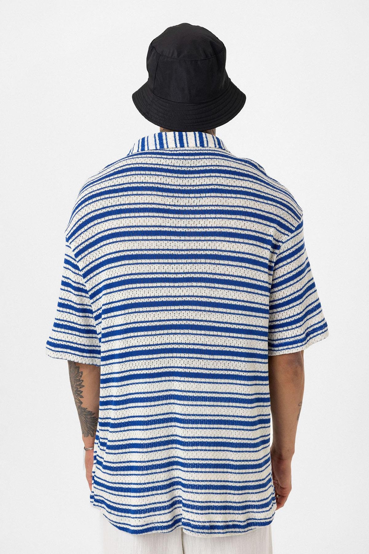 Oversize Çizgili Triko Tişört Saks