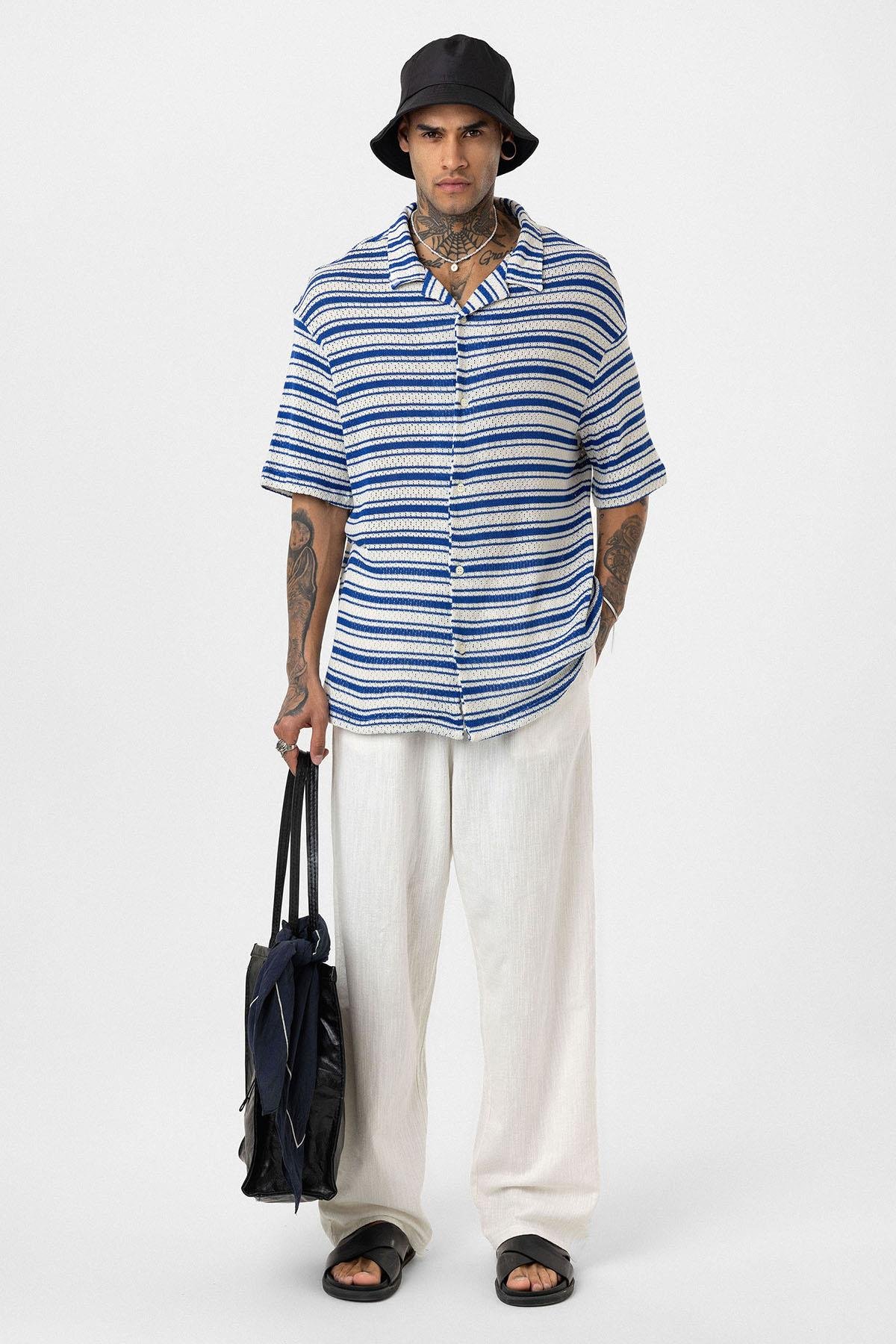 Oversize Çizgili Triko Tişört Saks