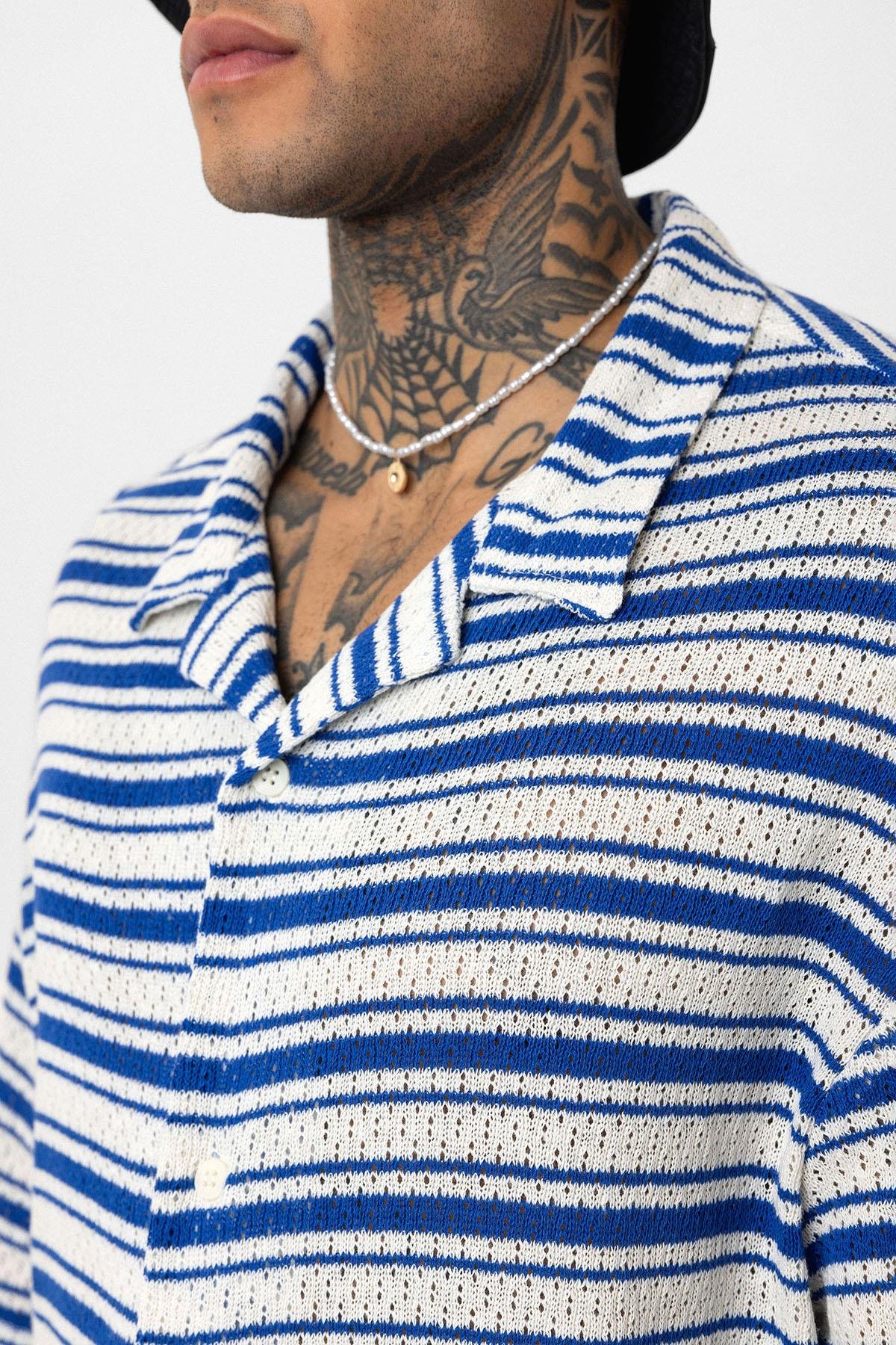 Oversize Çizgili Triko Tişört Saks