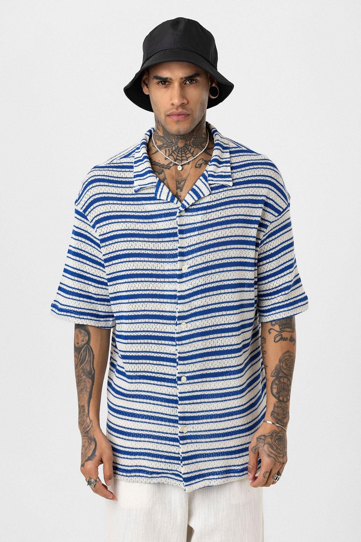 Oversize Çizgili Triko Tişört Saks