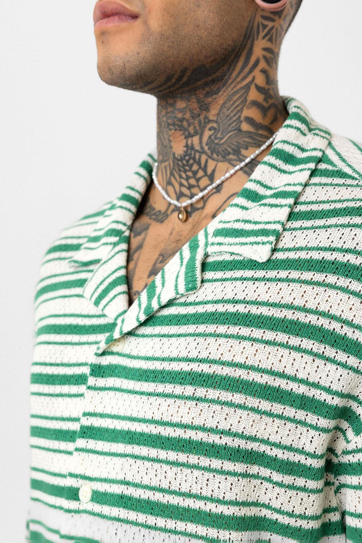 Oversize Çizgili Triko Tişört Yeşil