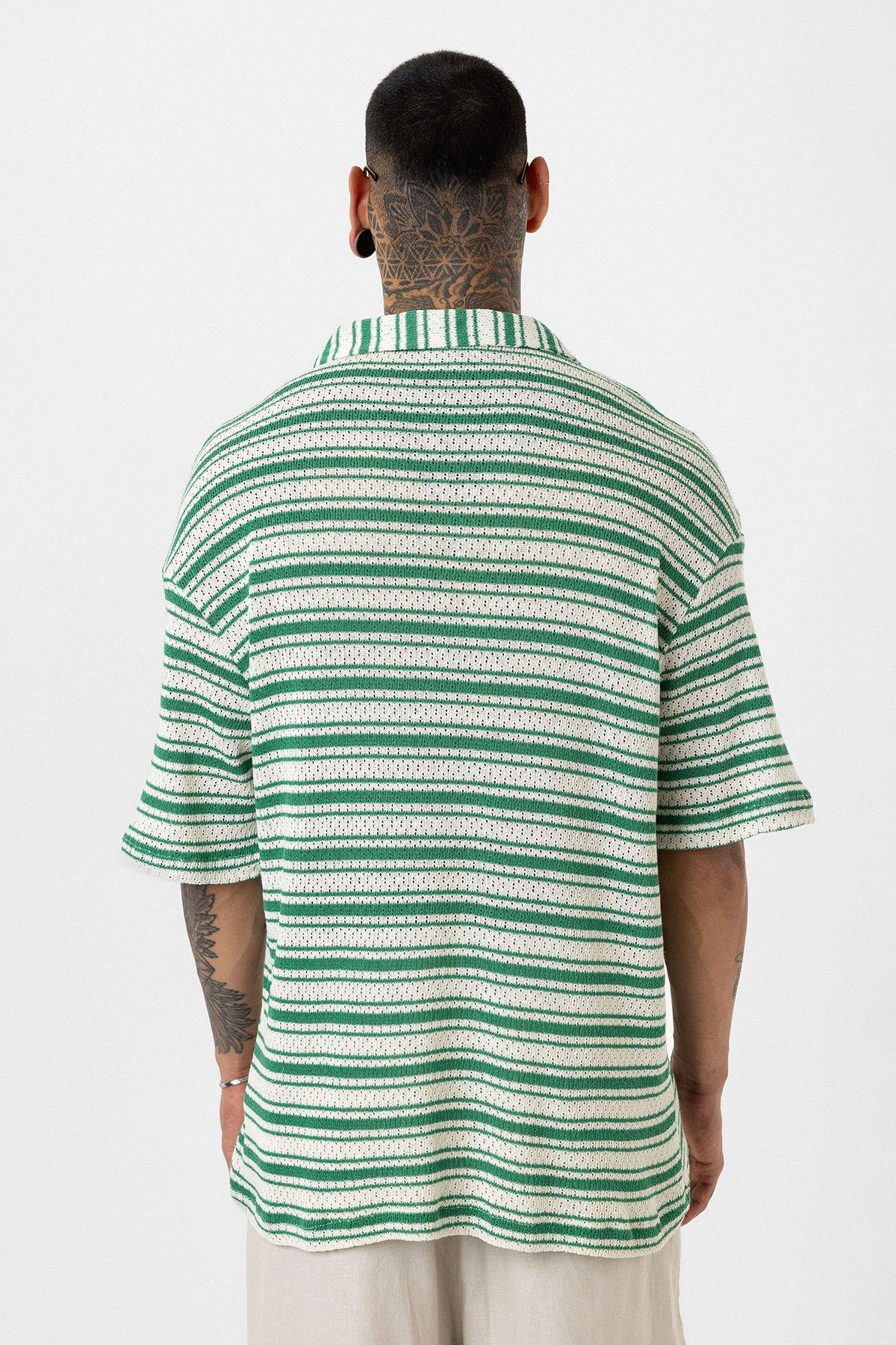 Oversize Çizgili Triko Tişört Yeşil