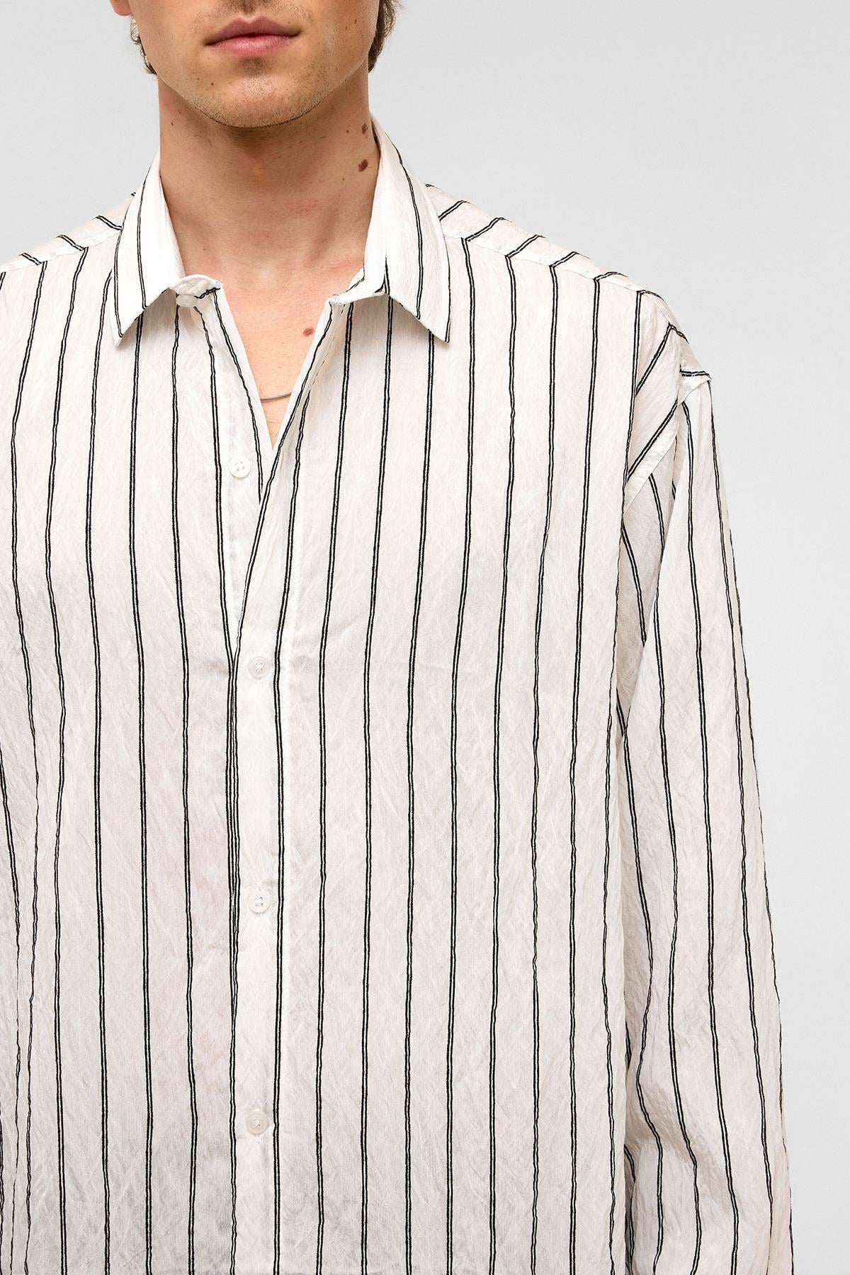 Oversize Çizgili Uzun Kol Gömlek Beyaz