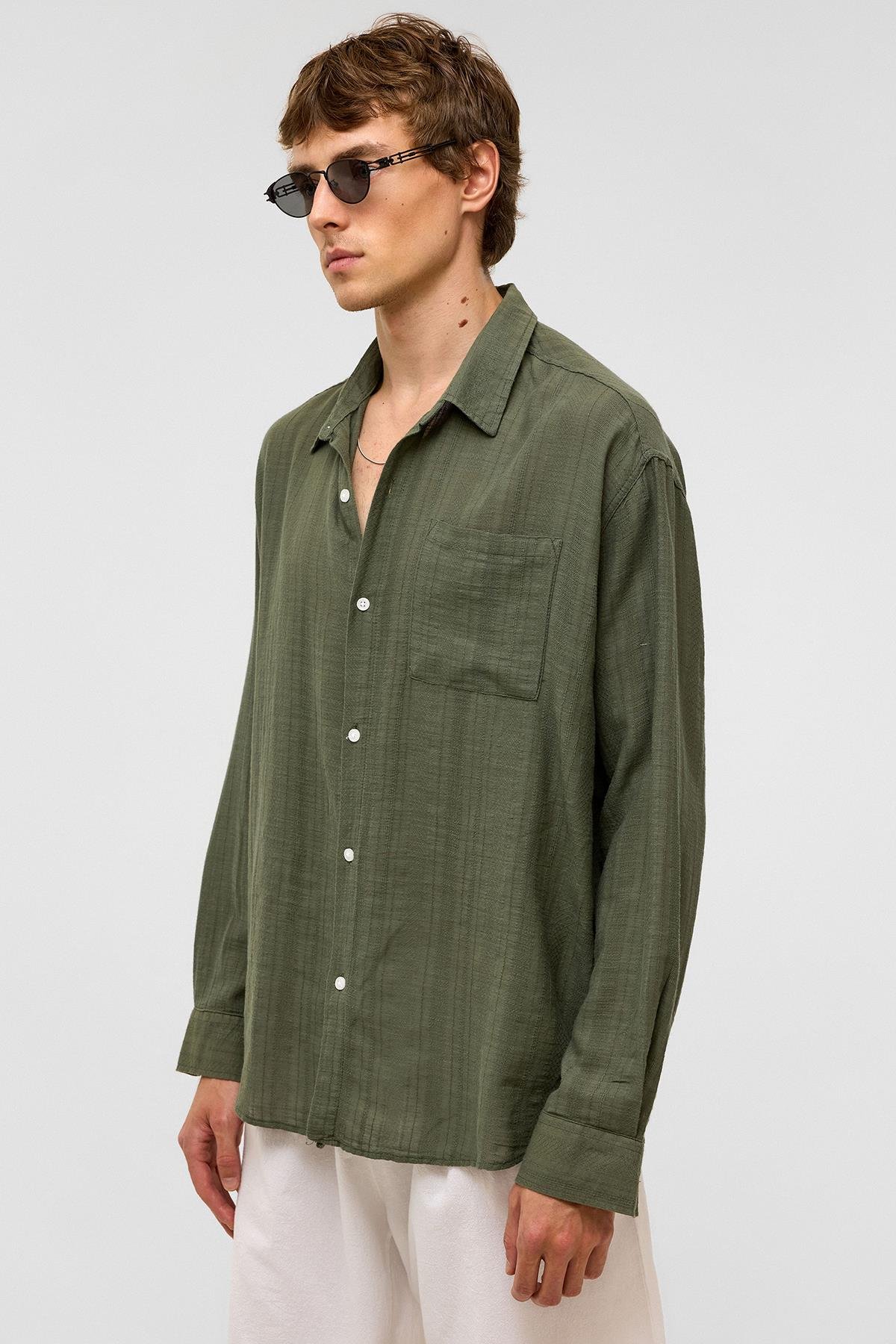 Oversize Çizgili Uzun Kollu Keten Gömlek Haki