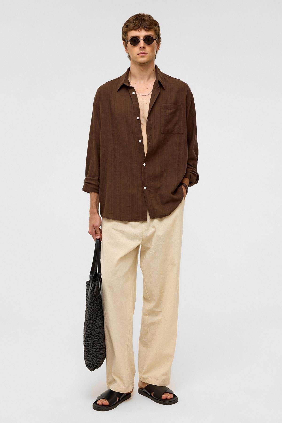 Oversize Çizgili Uzun Kollu Keten Gömlek Kahve