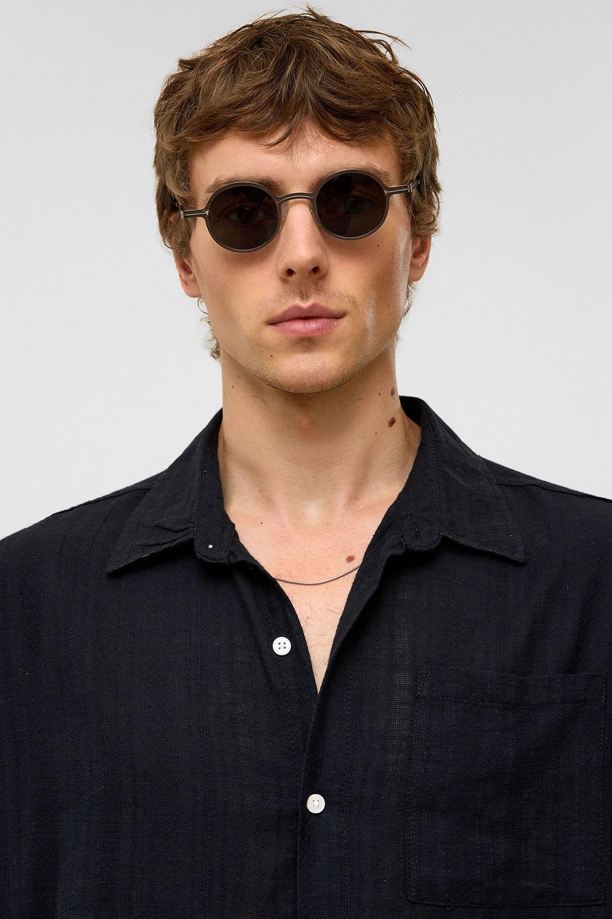 Oversize Çizgili Uzun Kollu Keten Gömlek Siyah