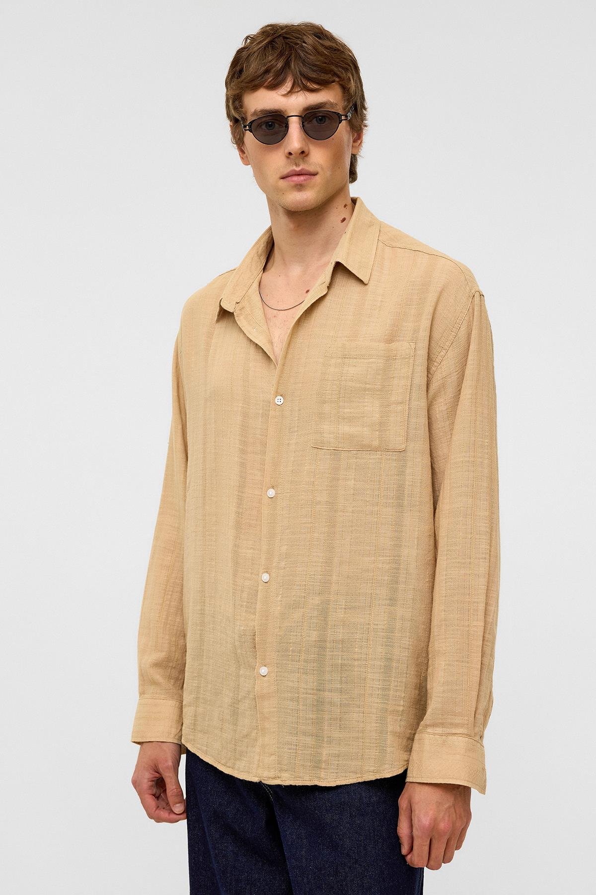 Oversize Çizgili Uzun Kollu Keten Gömlek Vizon