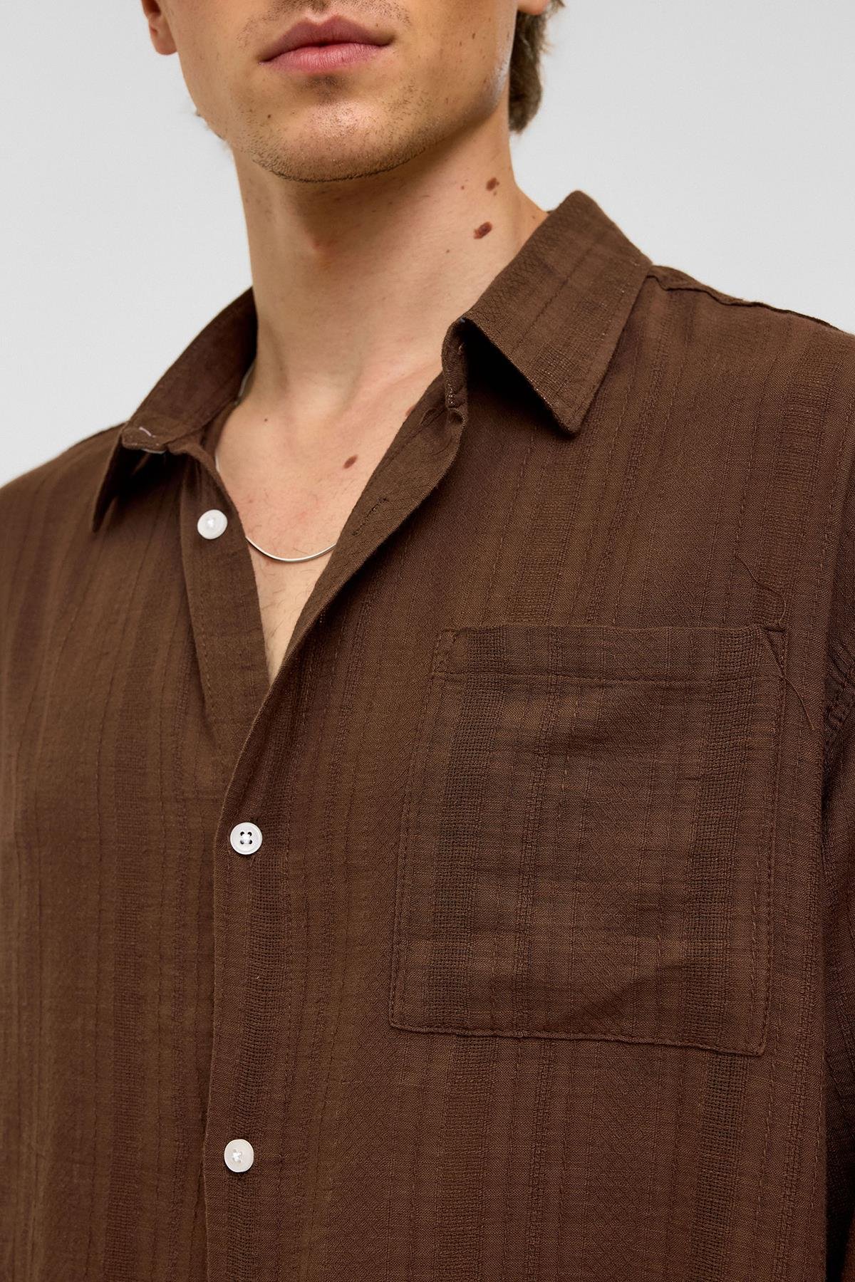 Oversize Çizgili Uzun Kollu Keten Gömlek Kahve