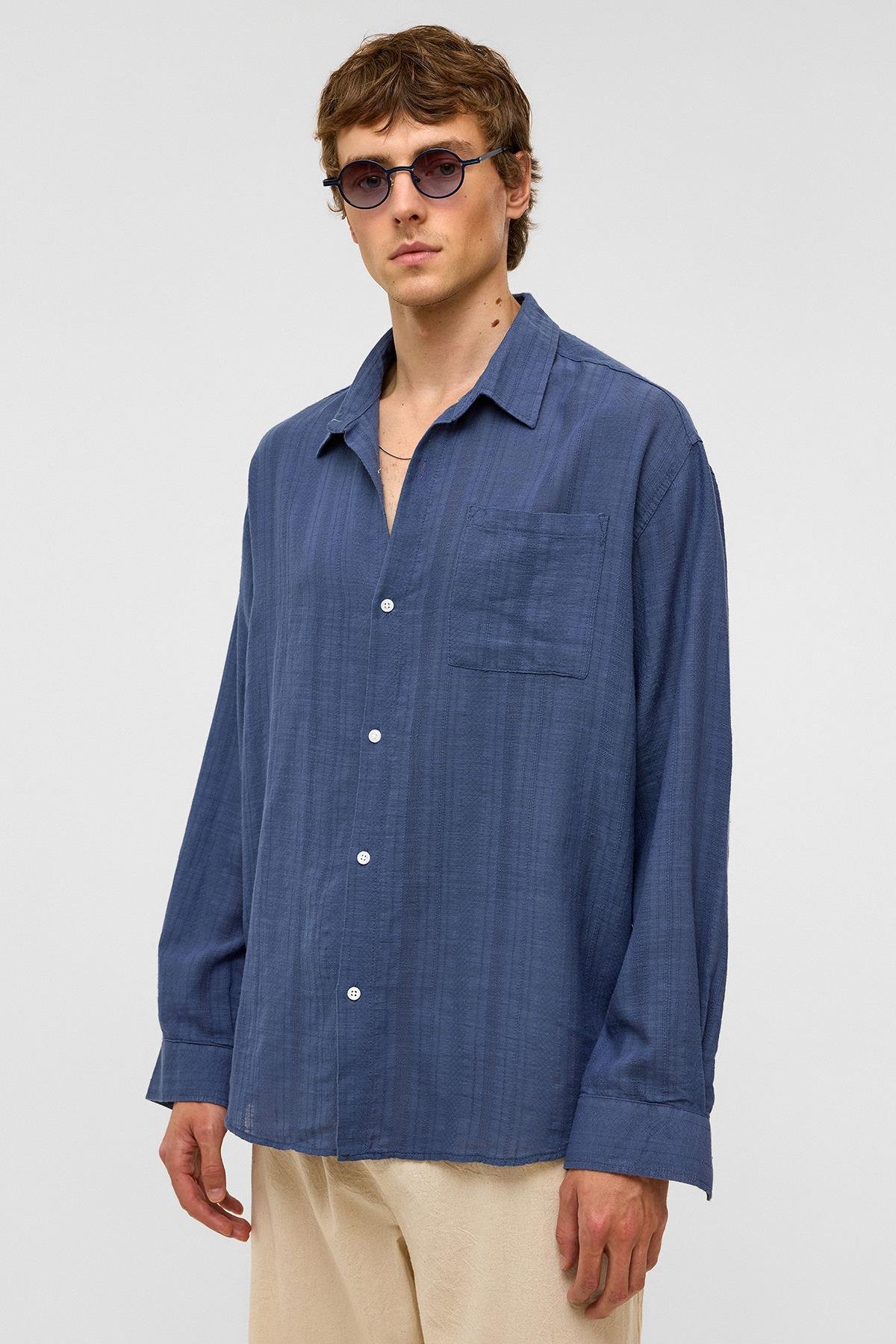 Oversize Çizgili Uzun Kollu Keten Gömlek Lacivert