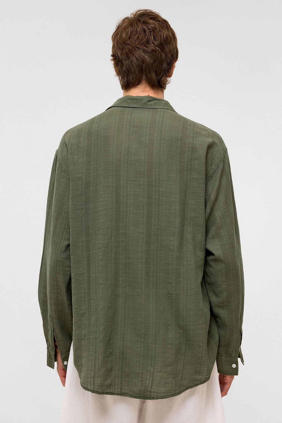 Oversize Çizgili Uzun Kollu Keten Gömlek Haki