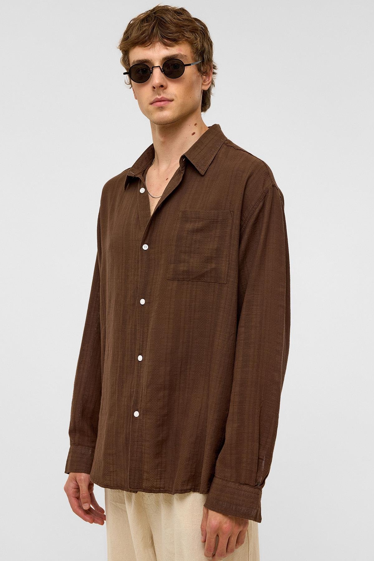 Oversize Çizgili Uzun Kollu Keten Gömlek Kahve