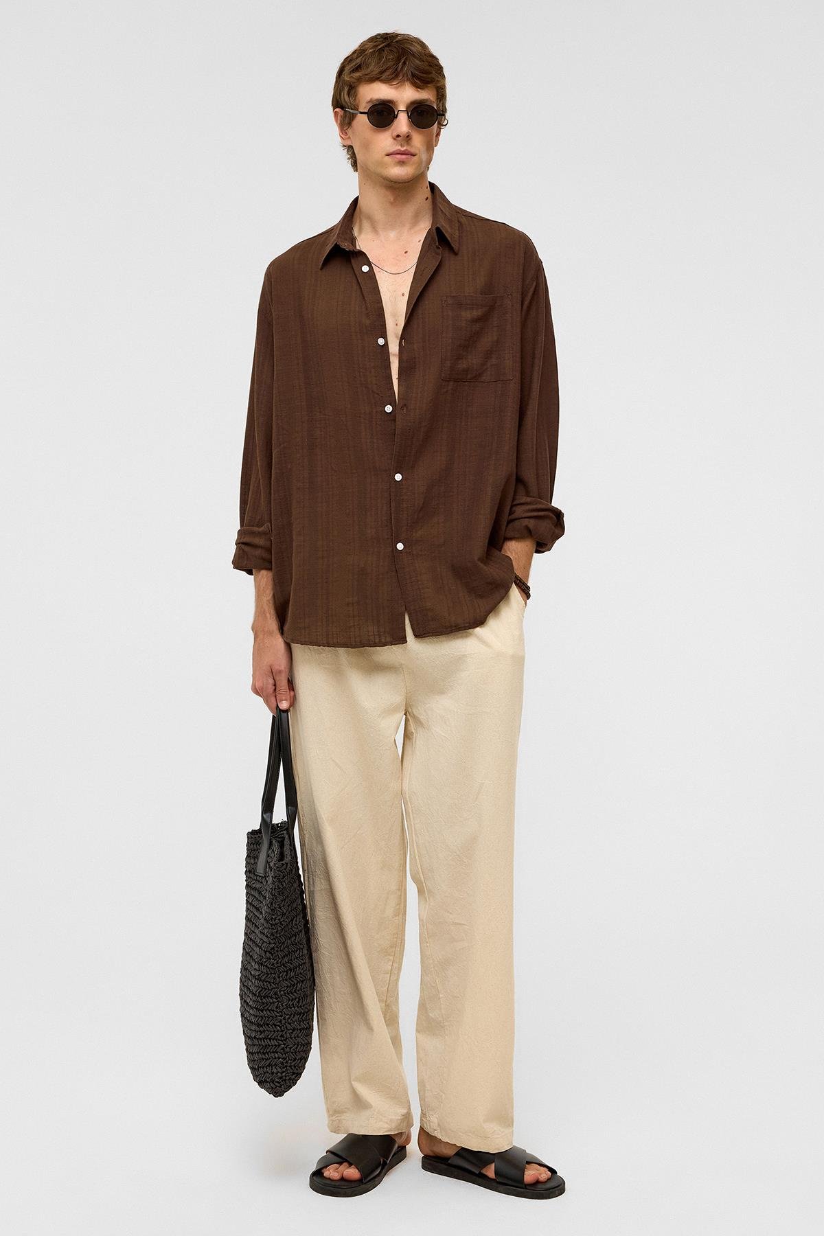 Oversize Çizgili Uzun Kollu Keten Gömlek Kahve
