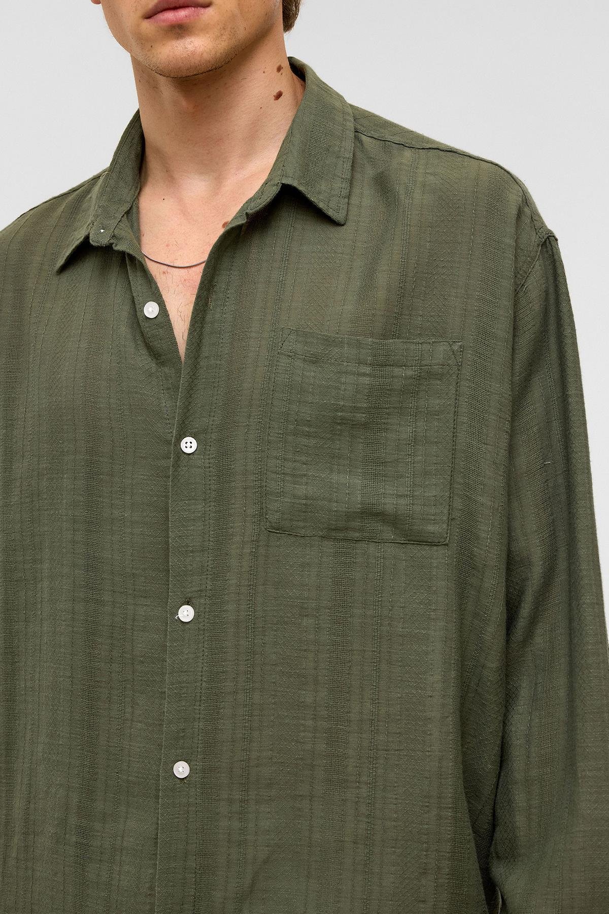 Oversize Çizgili Uzun Kollu Keten Gömlek Haki