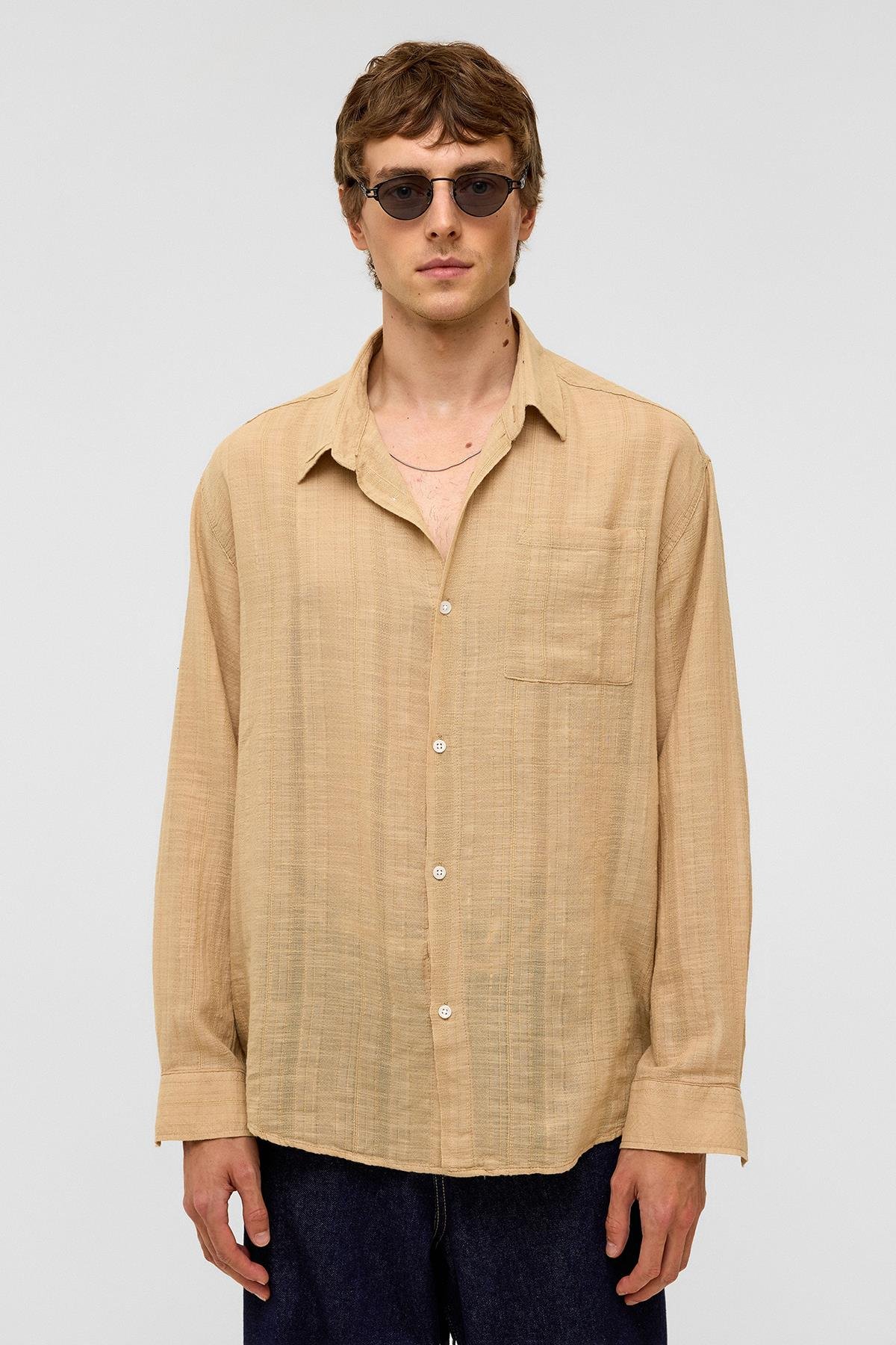 Oversize Çizgili Uzun Kollu Keten Gömlek Vizon