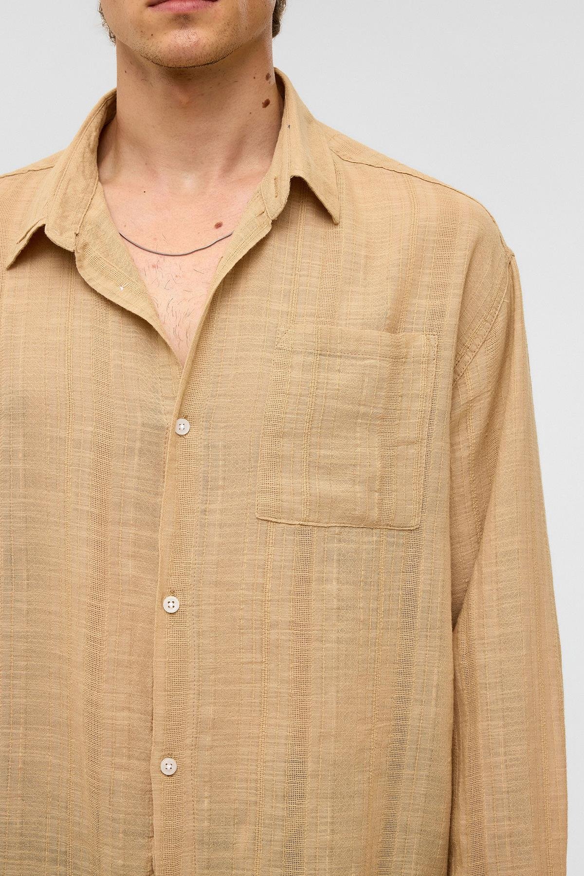 Oversize Çizgili Uzun Kollu Keten Gömlek Vizon