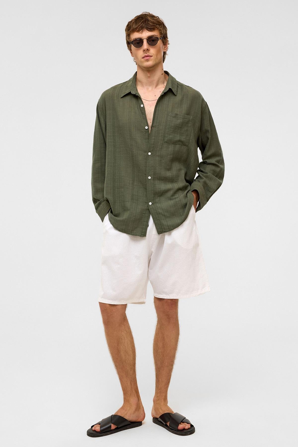 Oversize Çizgili Uzun Kollu Keten Gömlek Haki