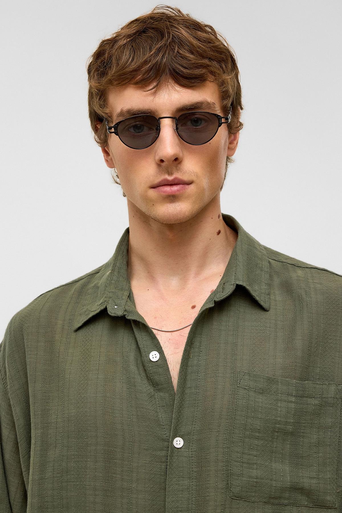 Oversize Çizgili Uzun Kollu Keten Gömlek Haki