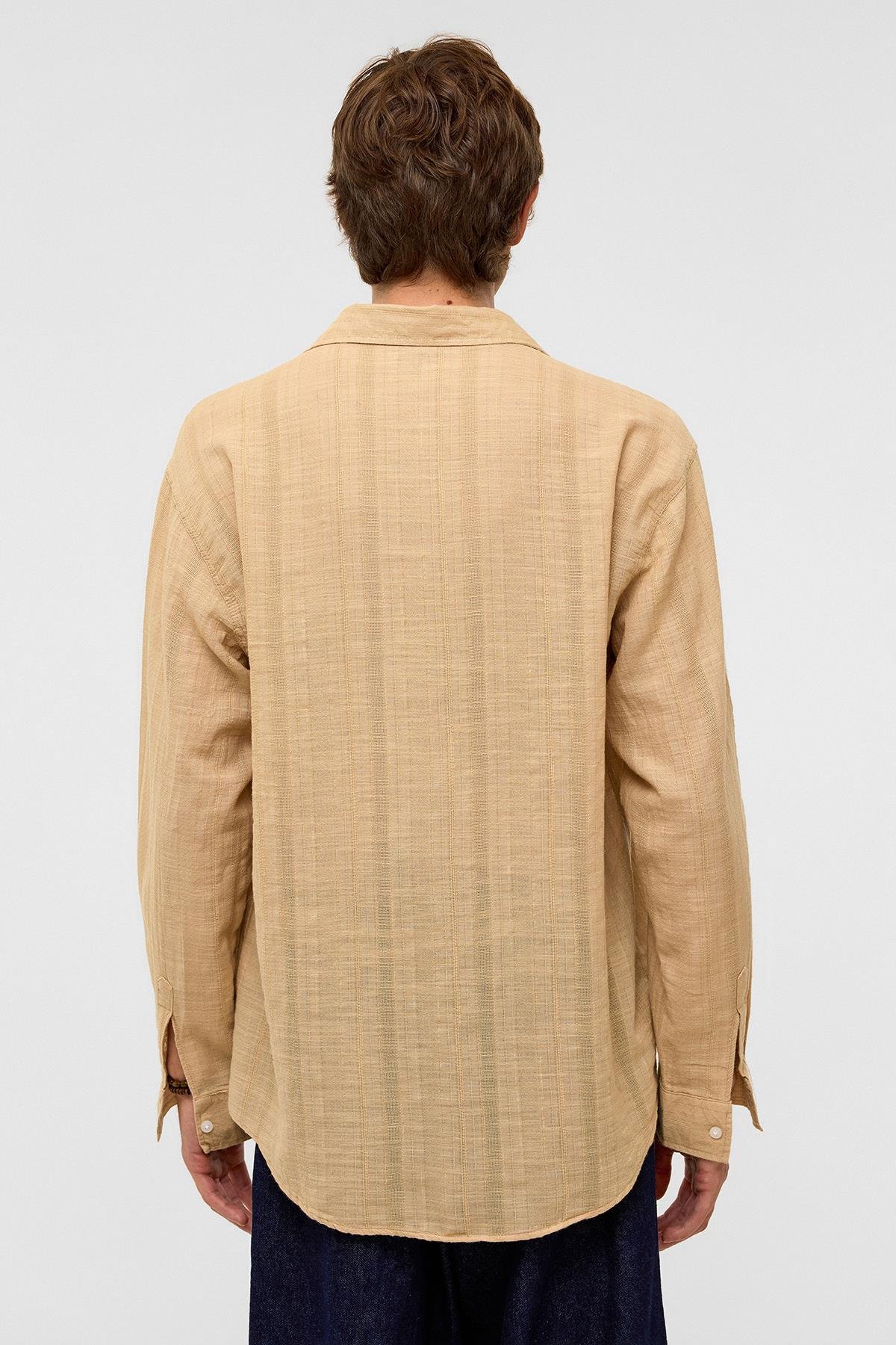 Oversize Çizgili Uzun Kollu Keten Gömlek Vizon