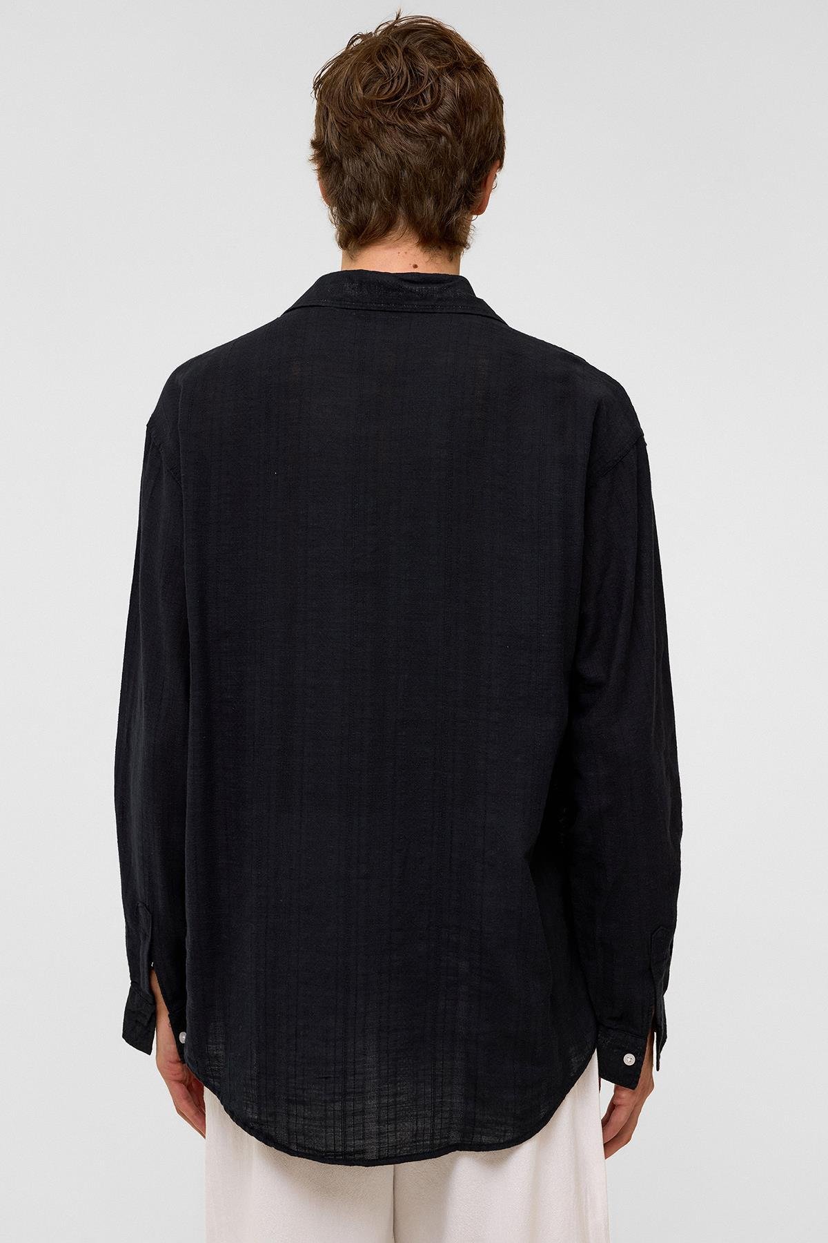 Oversize Çizgili Uzun Kollu Keten Gömlek Siyah