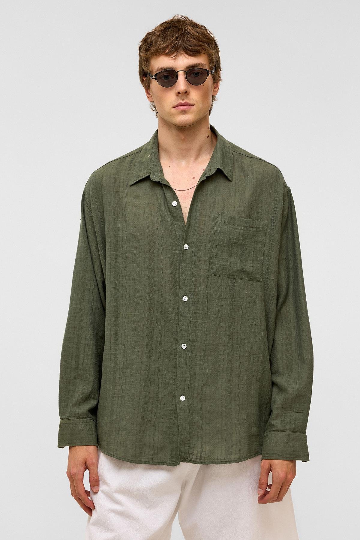 Oversize Çizgili Uzun Kollu Keten Gömlek Haki