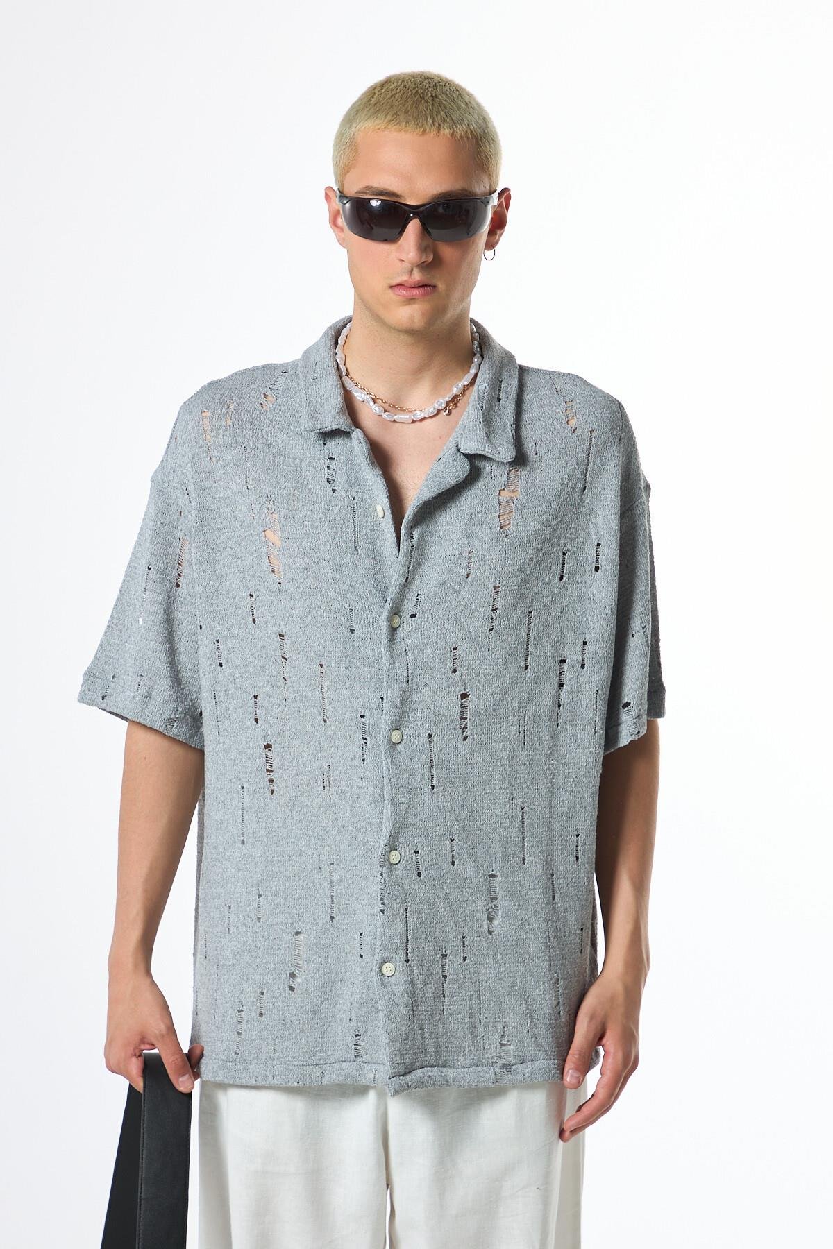 Oversize Deliklı Triko Gömlek Gri