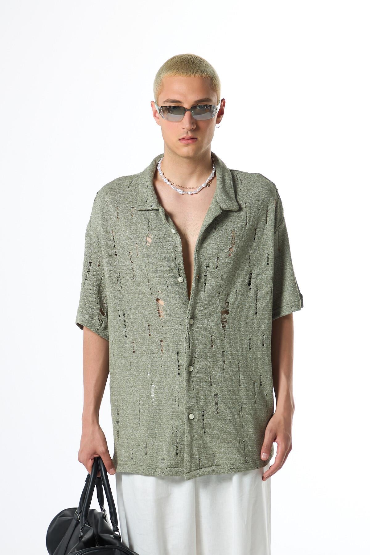 Oversize Deliklı Triko Gömlek Haki