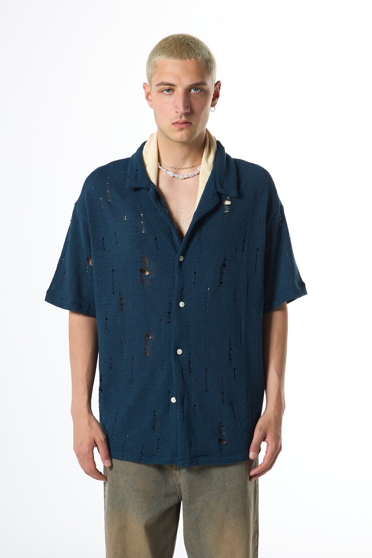 Oversize Deliklı Triko Gömlek Lacivert