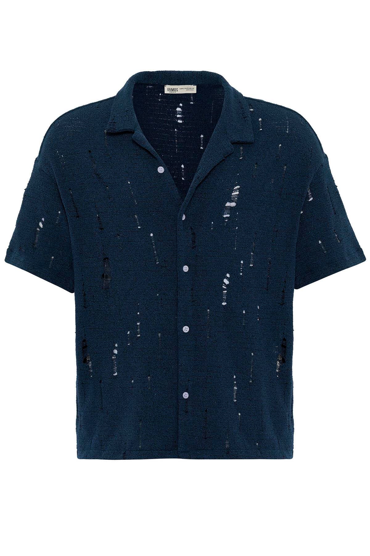 Oversize Deliklı Triko Gömlek Lacivert