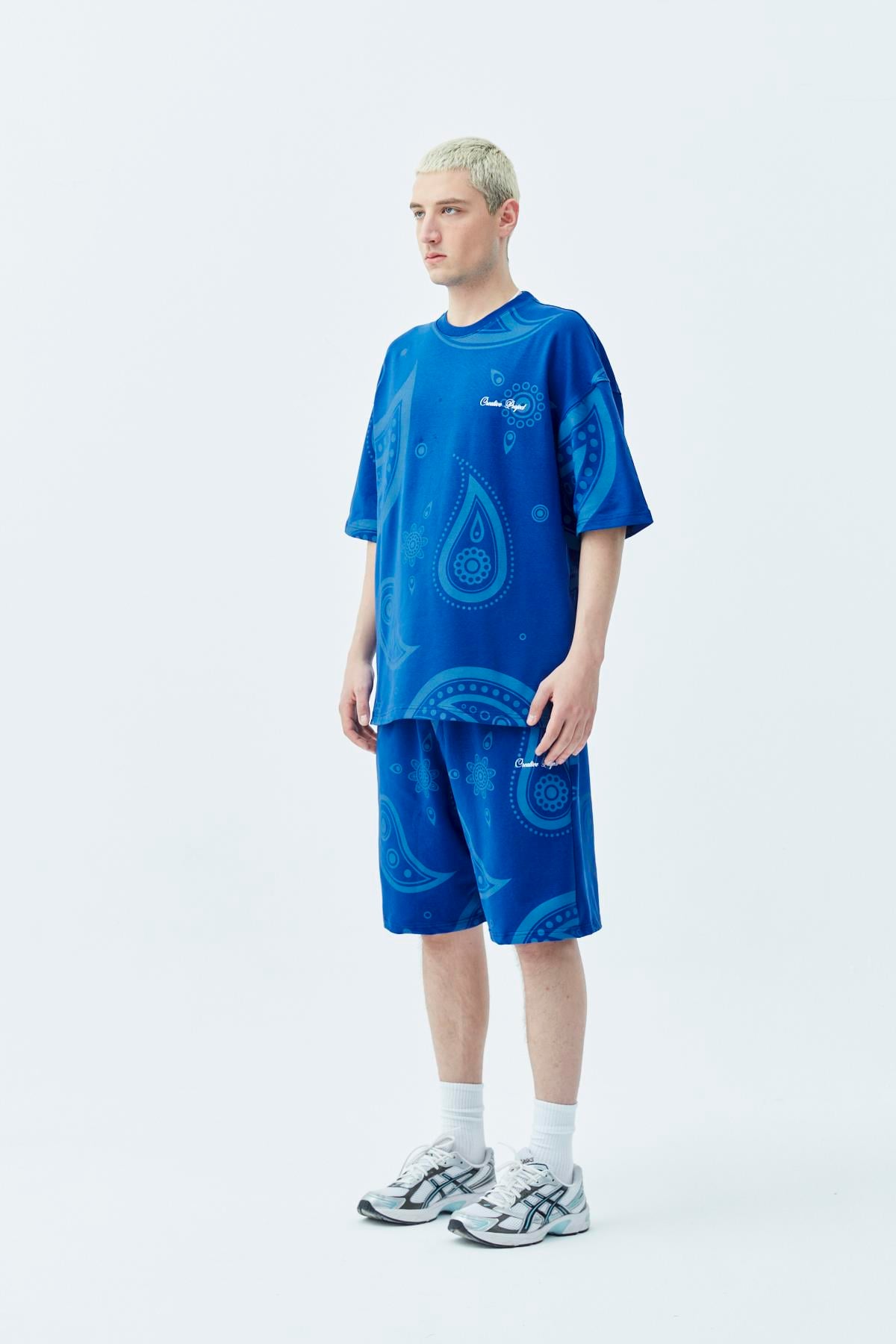 Oversize Desenli Şort Tişört Takım Saks