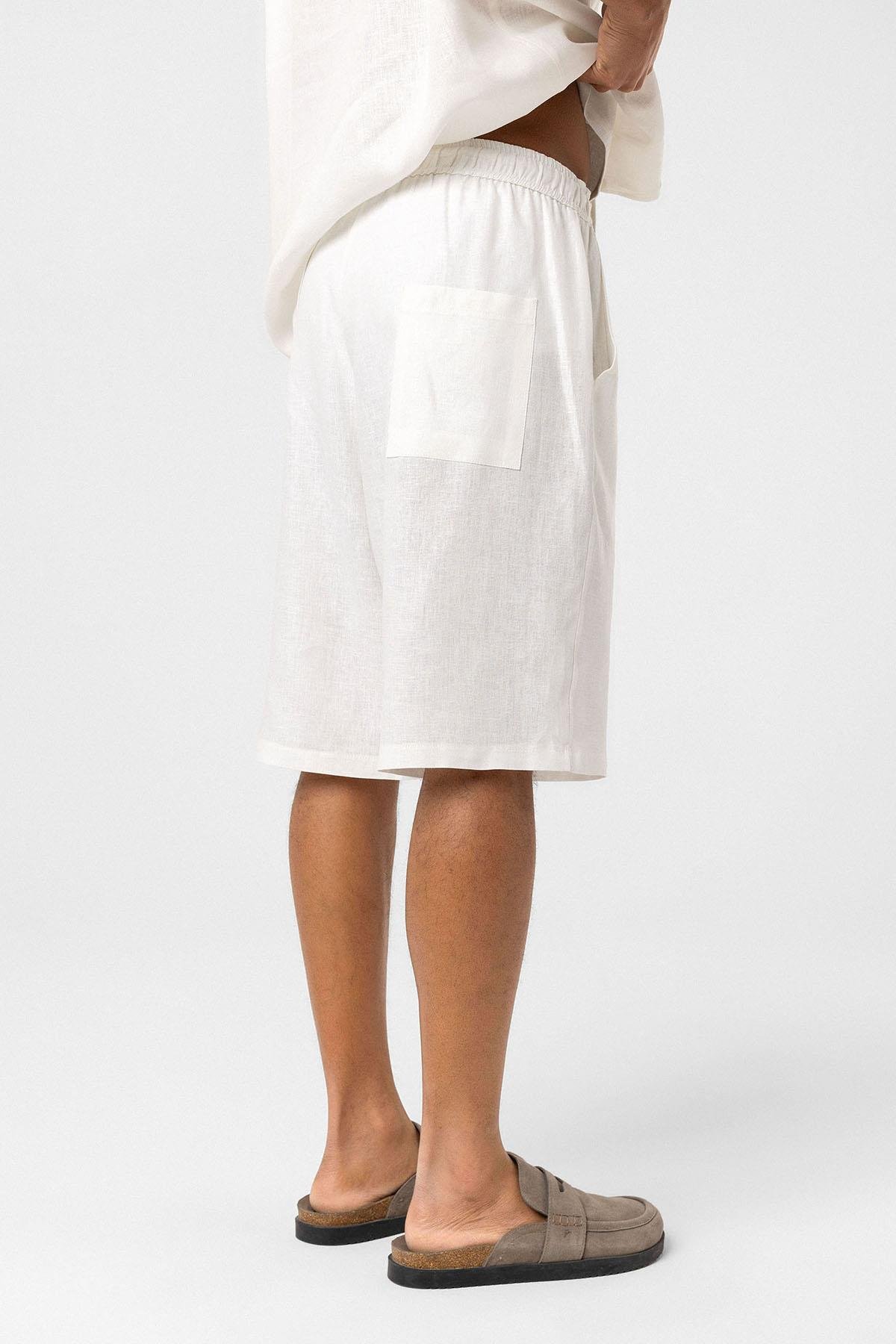 Oversize Keten Şort Ekru