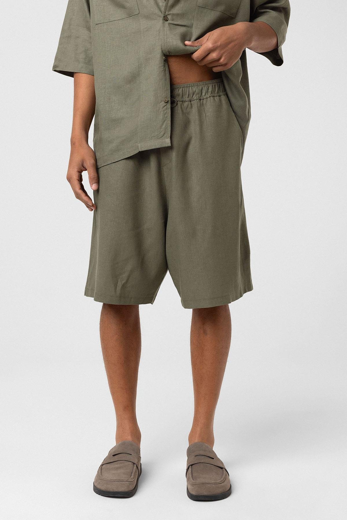 Oversize Keten Şort Haki