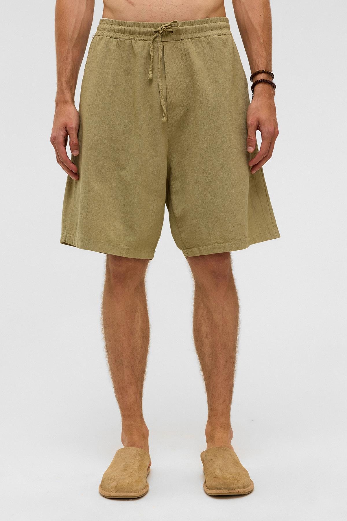 Oversize Keten Şort Haki