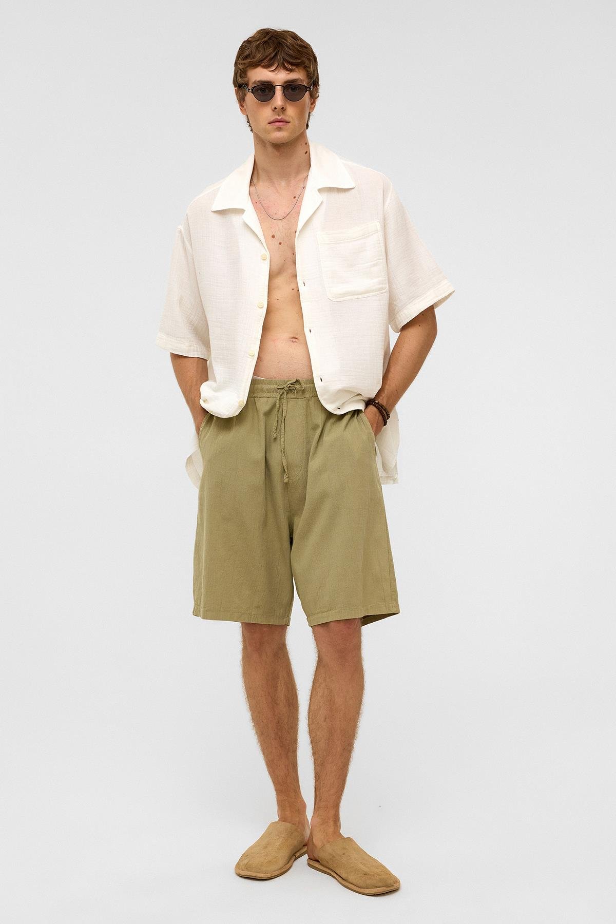 Oversize Keten Şort Haki